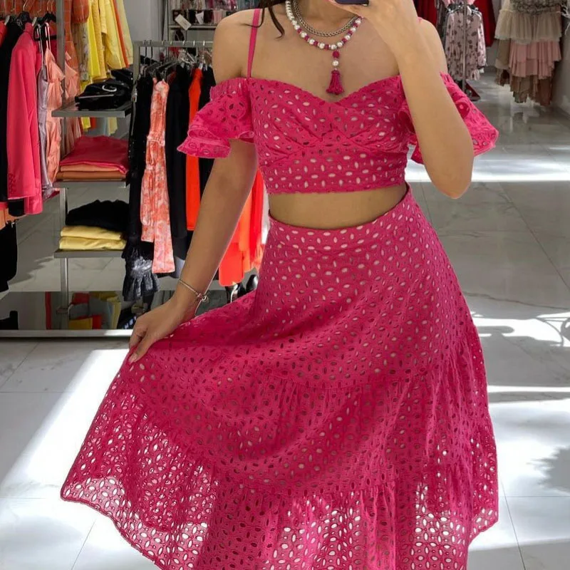 Moda cintura alta sólida 2 pc outfits feminino elegante bordado oco saia conjunto sexy com decote em v manga curta topo & meia saia terno