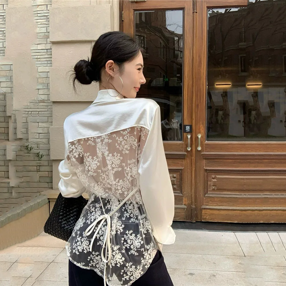 

White Back Lace Sexy Shirt Women Casual Loose Vintage Long Sleeve Lady Patchwork Tops Korean Retro Streetwear Hollow Out Blouse