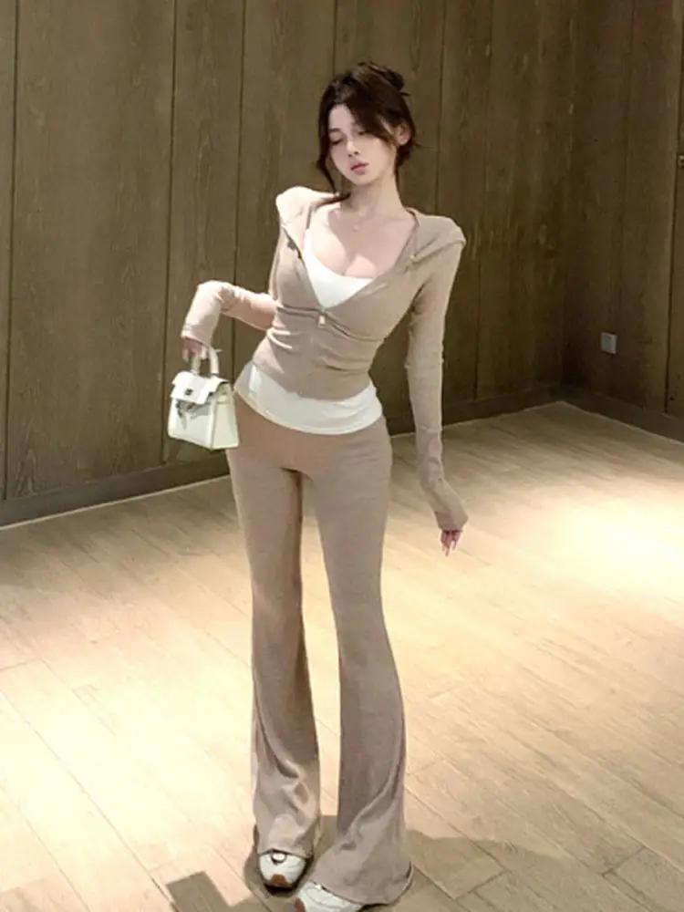 

Fashionable Outerwear And Pants Set Women's Spring 2026 Slim Fit High Waist Cotton Comfortable mid Thickness Hooded Cardigan