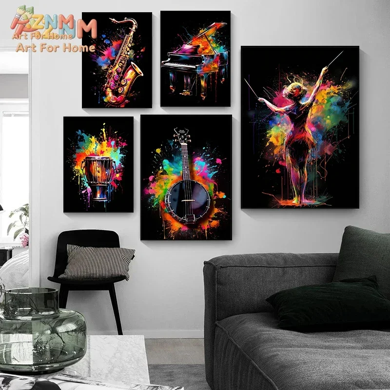 AZNM Colorful Splash Musical Instrument Canvas Wall Art, Piano Guitar Saxophone Drum Music Print Poster, Frameless Canvas Painti