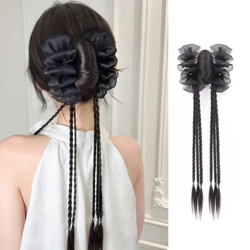 合成ポニーテール中国風レースツイスト三つ編みクリップオンウィッグナチュラルローポニーテール頭飾り