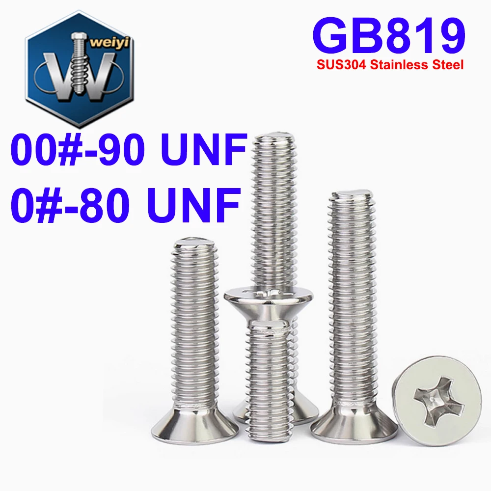 

Weiyi 0#-80 00#-90 UNF GB819 SUS304 Stainless Steel Cross Recessed Countersunk Head Phillips Screws Machine Tiny Bolts