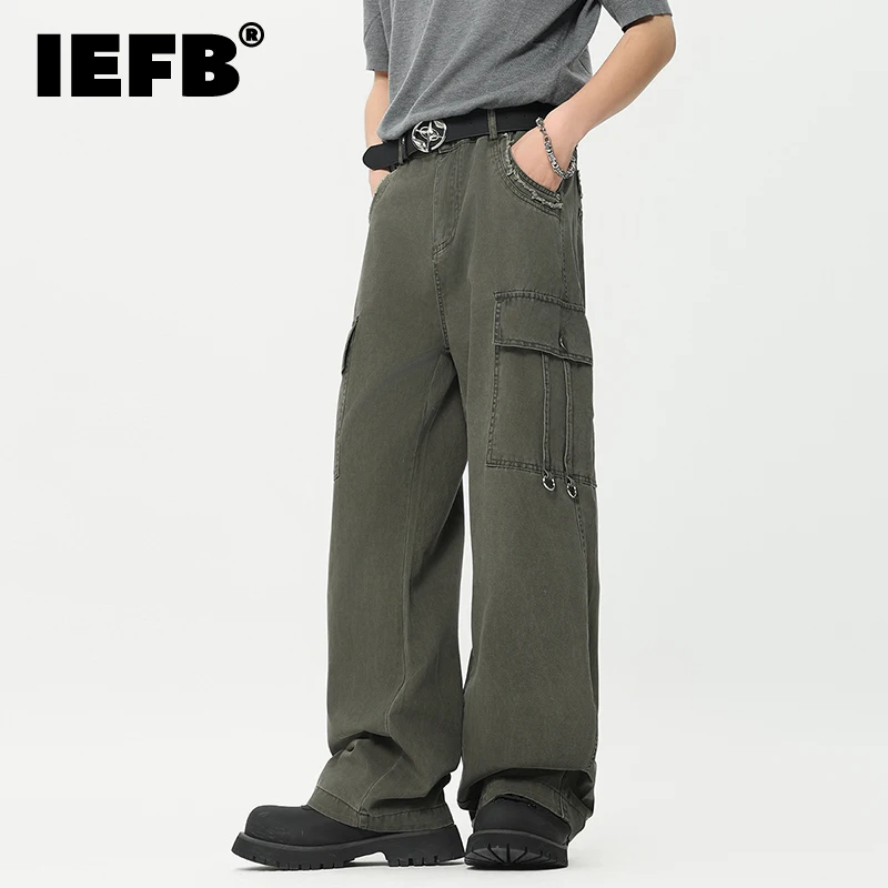 

IEFB American Style Men's Overalls Washed Rough Edge Design Vintage Trendy Male Cargo Pants Straight Multi-pocket New 9C6623