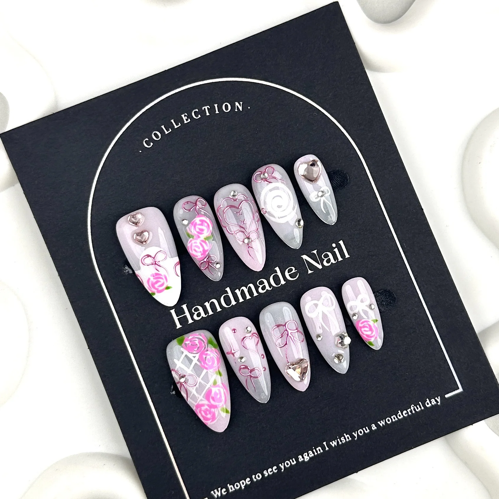 Handmade Press on Nails INS Hand Painted Bow Butterfly False Nails Wearable Full Cover Sweet Cool French Almond Fake Nail Tips