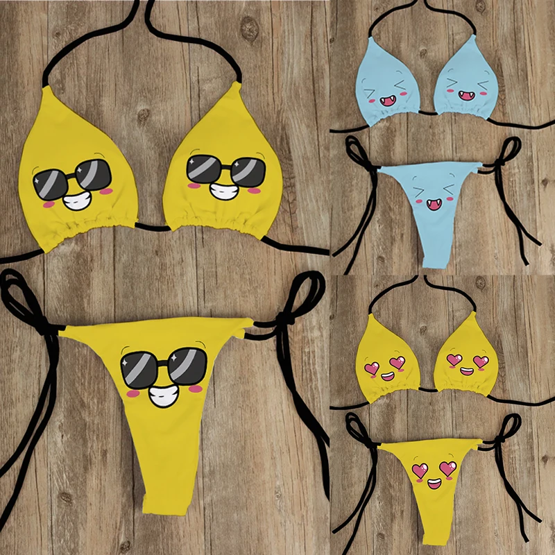 Bikini Set niedlichen gelben Badeanzug Cartoon Print Mode süße Frauen BH Badeanzug tief v Sommer Beach wear Party Bikini Anzug