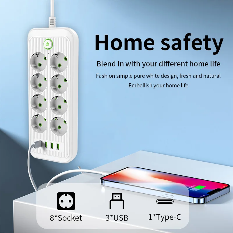 EU Plug AC Outlet Multitap Power Strip 2m Extension Cord Electrical Socket Smart USB Home Office Surge Protector Network Filter