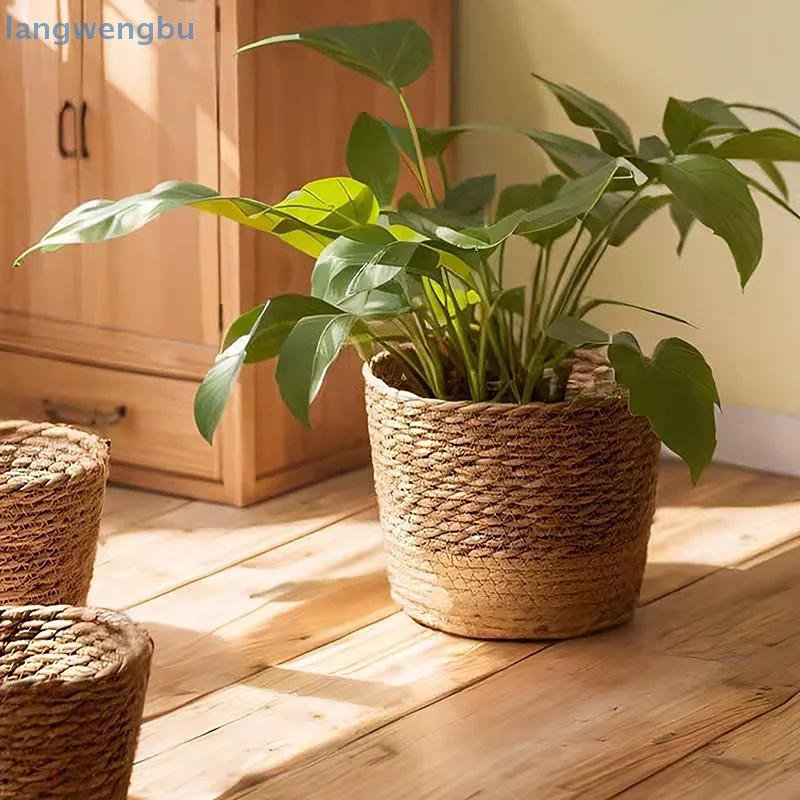 

1PC Straw Weaving Flower Plant Pot Wicker Basket Rattan Flowerpot Storage Basket Garden Flowerpot Handmade Woven Planter Basket