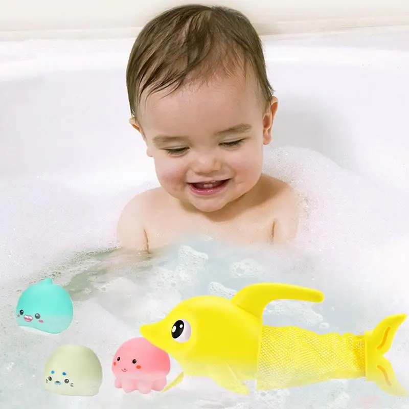 Bath Toy Fishing Set Toddler Bathtub Fishing Net Fish Figures Toys Dolphin Shaped Preschool Pool Interactive Toys For Boys Girls