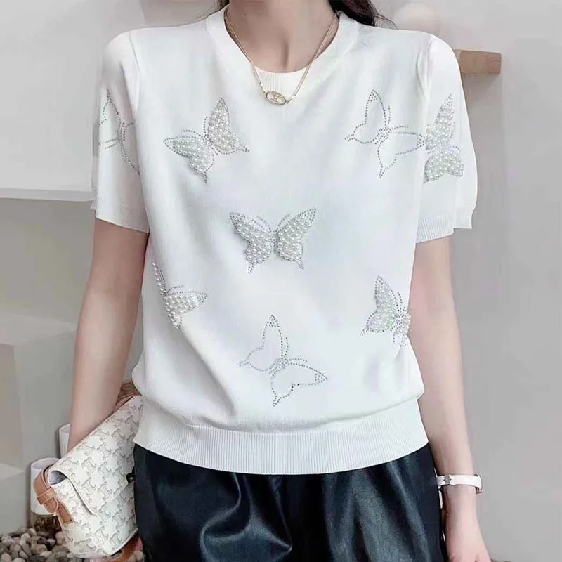 

Knitted Sweater Women Pullovers New Short Sleeve O-Neck Beading Knit Sweater Pullover Women Tops Sweaters Sueters De Mujer Q1224
