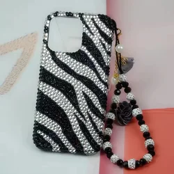 Luxury Rhinestone Black and White Zebra Pattern Phone Case Protective Cover for iPhone 15 Pro Max 14 Plus 13 12 11 Xsmax Xr