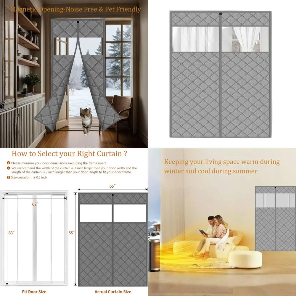 

65x85 Magnetic Insulated Door Curtain, Center Open, Diamond Pattern, Gray, for 62x83 Doors