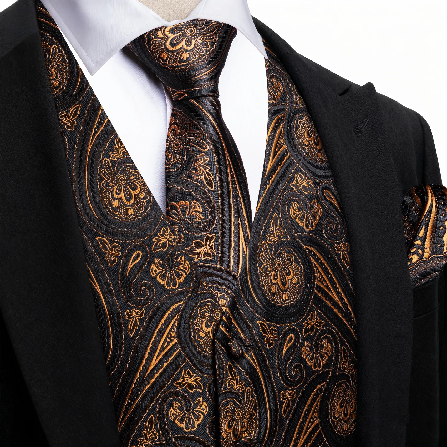 Luxuriöse Jacquard-Herrenanzugweste mit V-Ausschnitt, passende Krawatte, Fliege, Einstecktuch und Manschettenknöpfe im Set für Hochzeit, Party, formelle und legere Anlässe – Detail 2