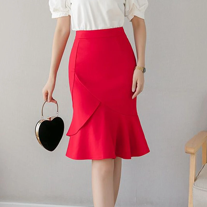 Elastic Oversized Ruffles Black Skirt Women Fashion High Waist Bodycon Skirts Y2k Clothes Korean Elegant Skinny Office Red Skirt