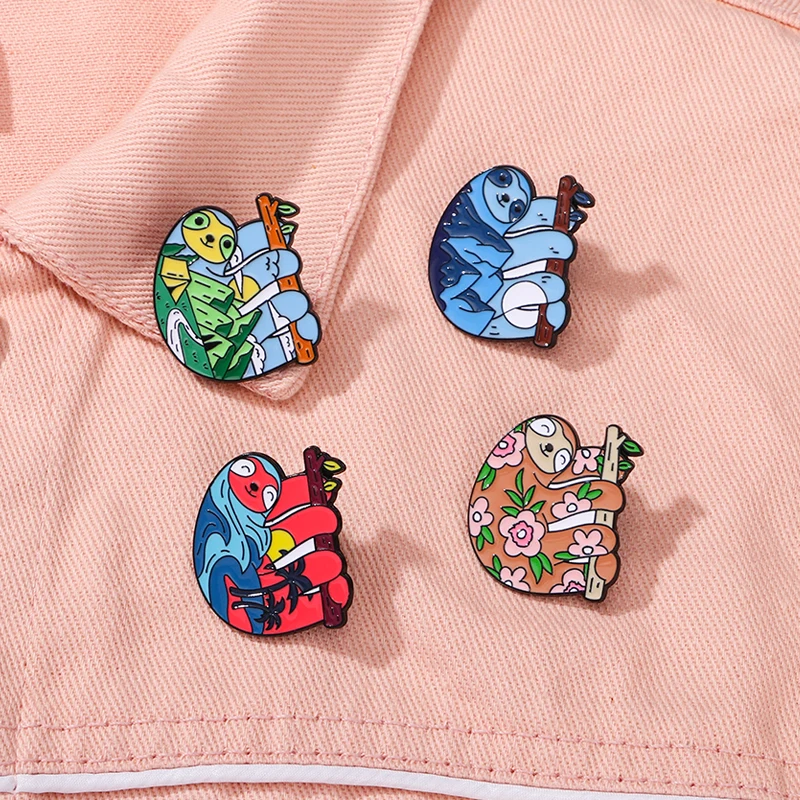 4Pcs Statement Natural Landscape Pattern Sloth Pins Set Colorful Spring Summer Autumn and Winter Bradypode Brooches