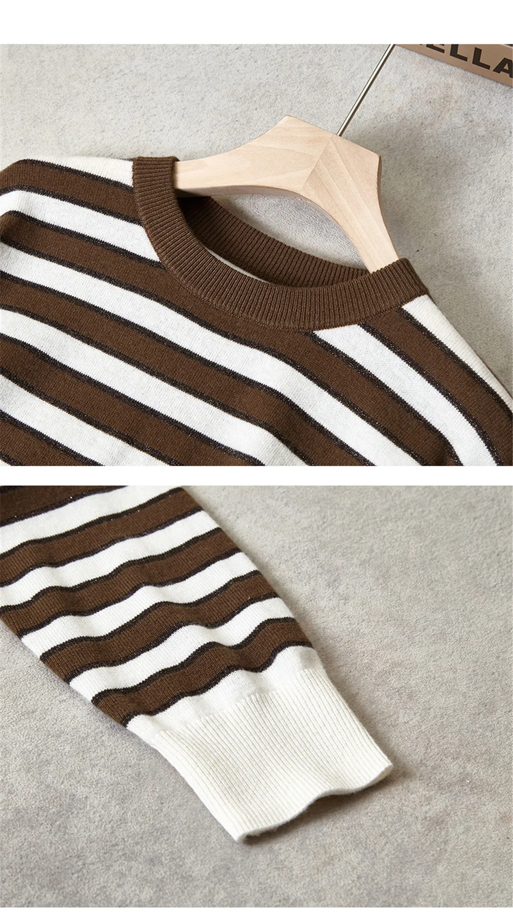 

Autumn and Winter New Women's Round Neck Loose Striped Bright Silk Cashmere Wool Knitted Base Sweater