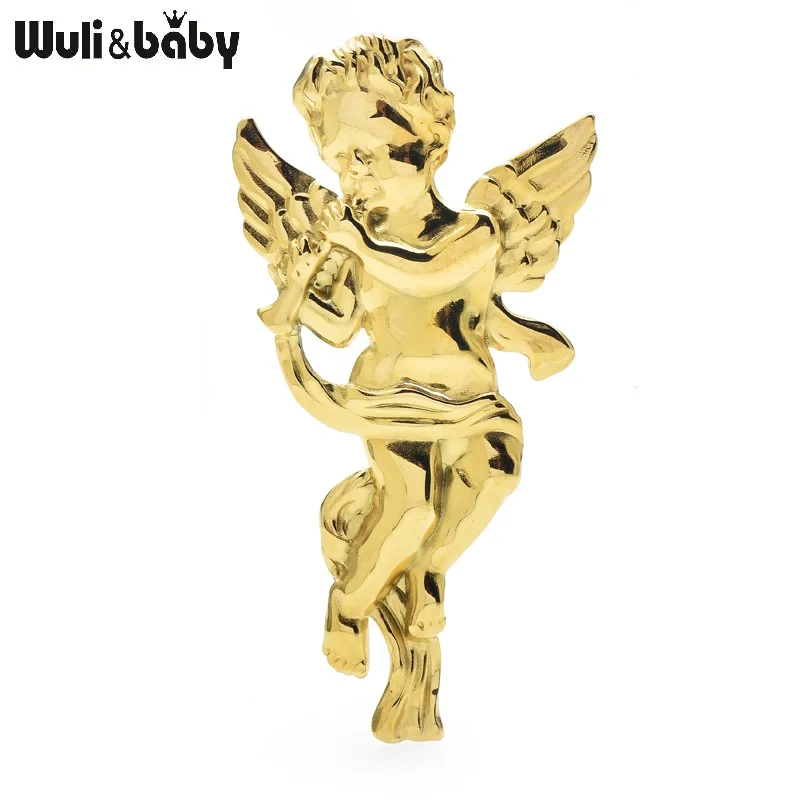 Wuli&baby Blowing Horn Angel Brooches For Women Stainless Steel 2-color Lovely Child Image Casual Party Brooch Pins Gifts