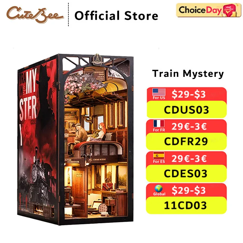 

CUTEBEE, DIY, Книжный уголок, Подставка для книг, Миниатюрный кукольный домик, Сенсорный светильник, Пылезащитный чехол, Комплект вставок для книжной полки, Детектив, Тайна поезда