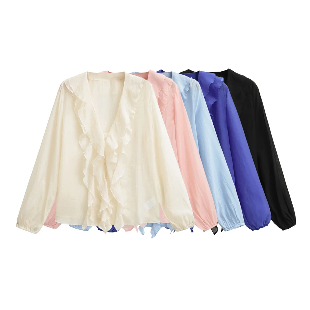 

Autumn women's clothing new style European and American fashion layered decoration fluffy long sleeved V-neck shirt