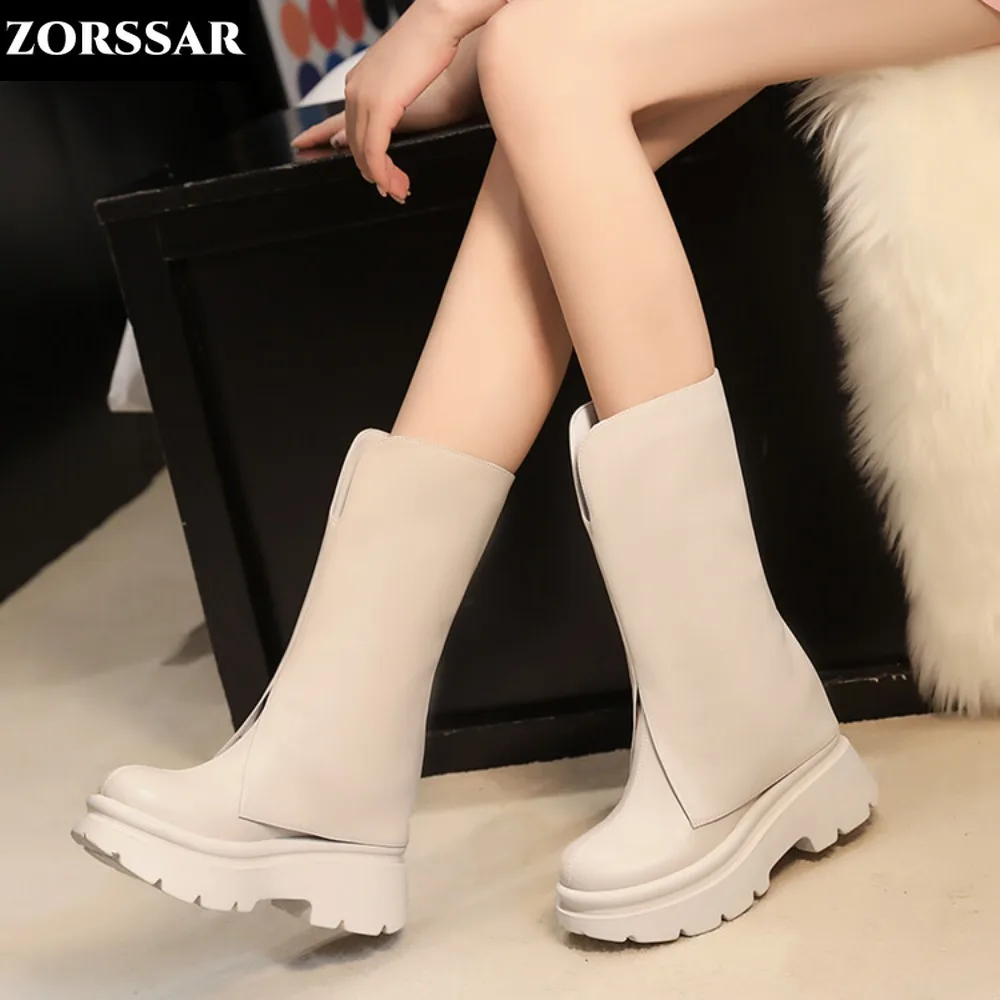 

INS Women Mid Calf Boots Cow Leather Chunky Shoes Woman Platform Height Increased Fashion Modern Boots High Heel Wedges Booties