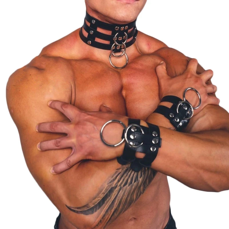 Man Harness Handmade PU Leather Fetish Gay harness bondage man Adjustable Chest Bondage Belts Collar Wristband Harness Tops