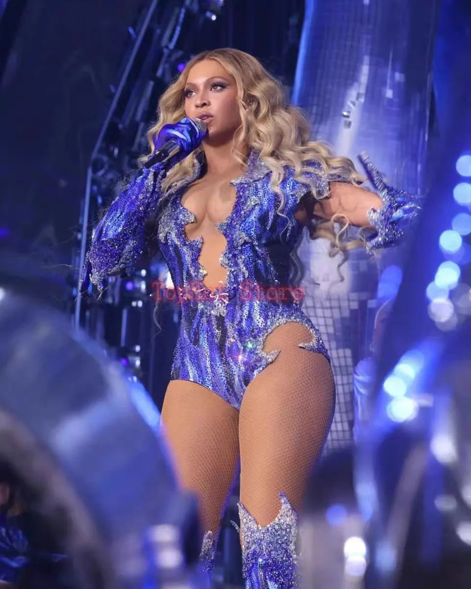 Women Sexy Transparent Dance Outfit Concert Stage Wear Drag Queen Costumes Red Blue Rhinestones Bodysuit Carnival Party Clothes
