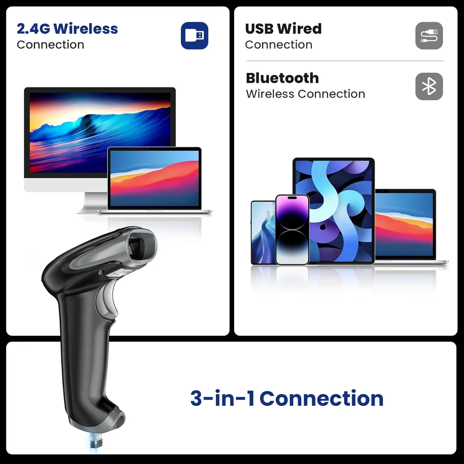 Eyoyo Barcode Scanner 2D 1D QR Code 3-in-1 Wireless Bluetooth USB Wired Handheld Auto-Scan for Retail POS Warehouse Supermarket