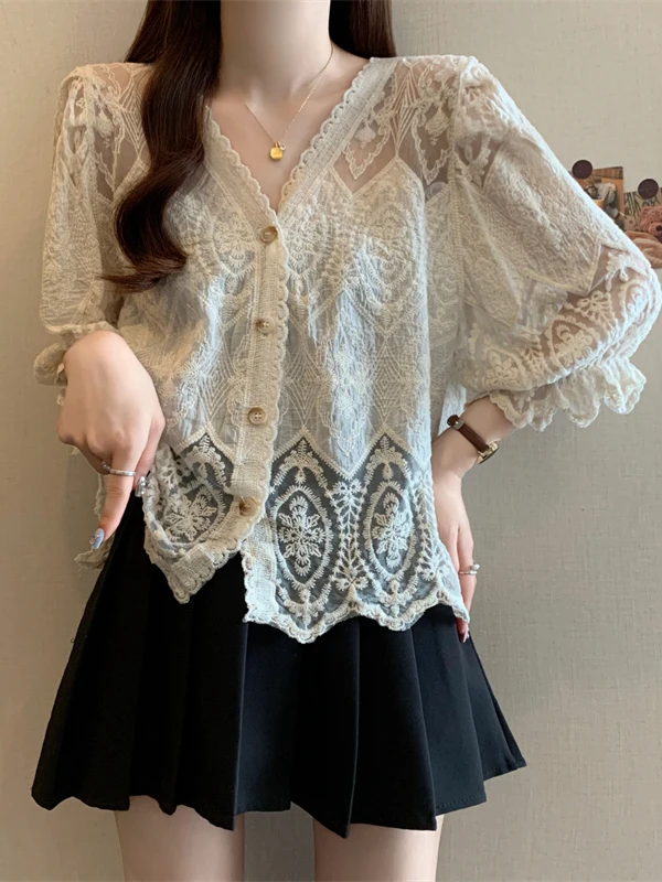 n الدانتيل والتطريز V-Ne الشيفون irt المرأة حجم كبير بلوزة الصيف الجميلة الكورية Sle فضفاضة تناسب ort Sve
