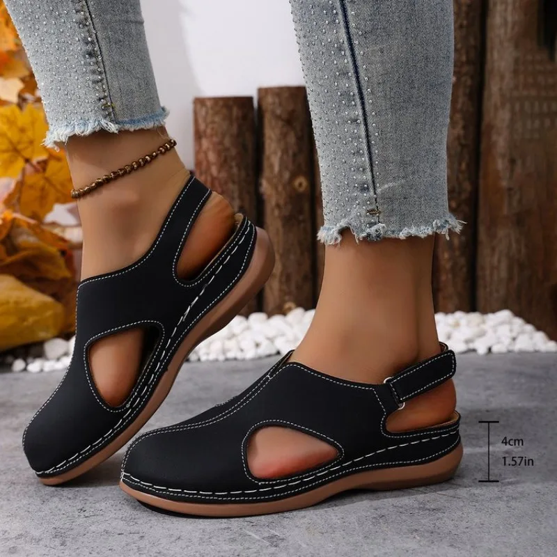 Women's Casual Sandals Closed Toe Low Wedge Cutout Leather Look Contrast Stitching Slingback Adjustable Strap Outdoor Footwear