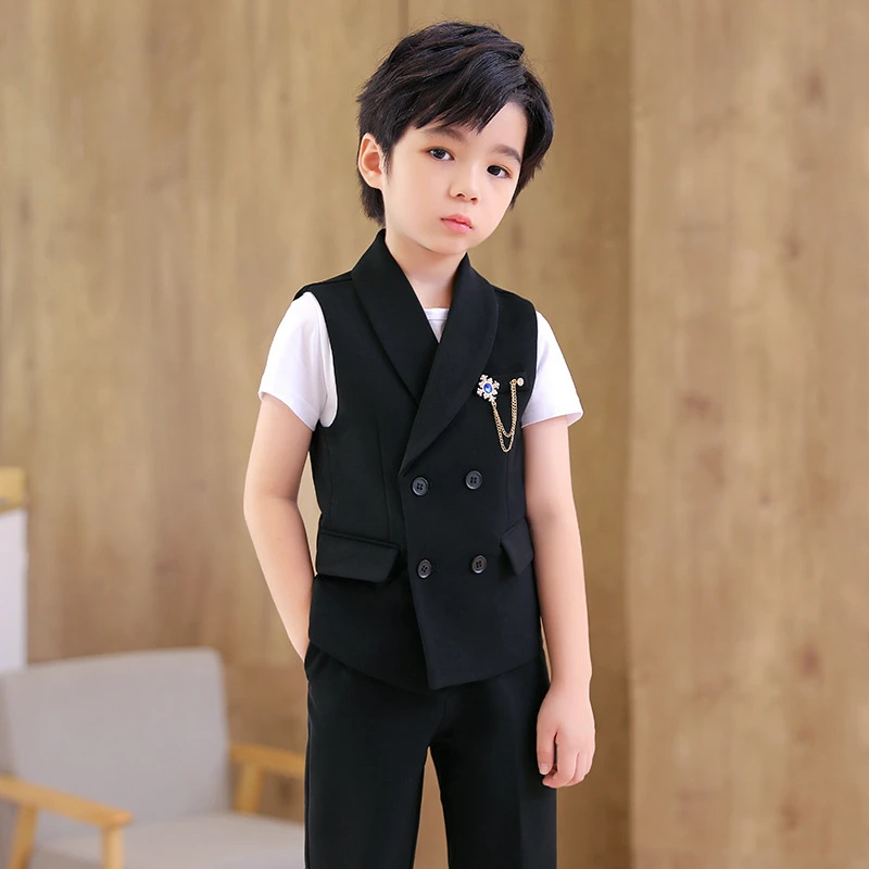 

Boys Solid Color Suit Vest Pants Outfits Child Double Breasted Waistcoat Wedding Clothes Sets Toddler Formal Dress Kids Tuxedos