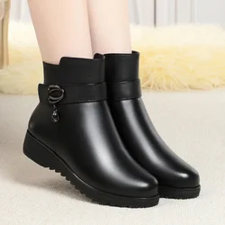 Mum Warm Leather Boots Women Winter Thick Bottom Padded Cotton Shoes Casual Comfort Side Zip Walking Flats Botas Femininas