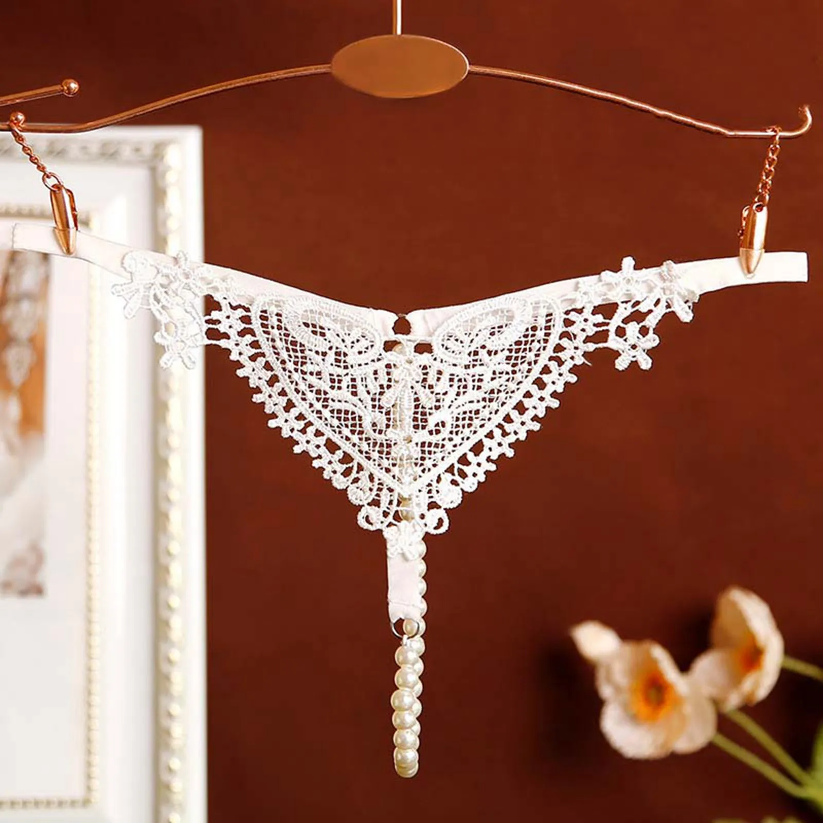 Women Sexy Lingerie Panties Heart Embroidery Micro G-String Beaded Thin Straps Thong Hollow Out See-Through T-Back Tangas Mujer