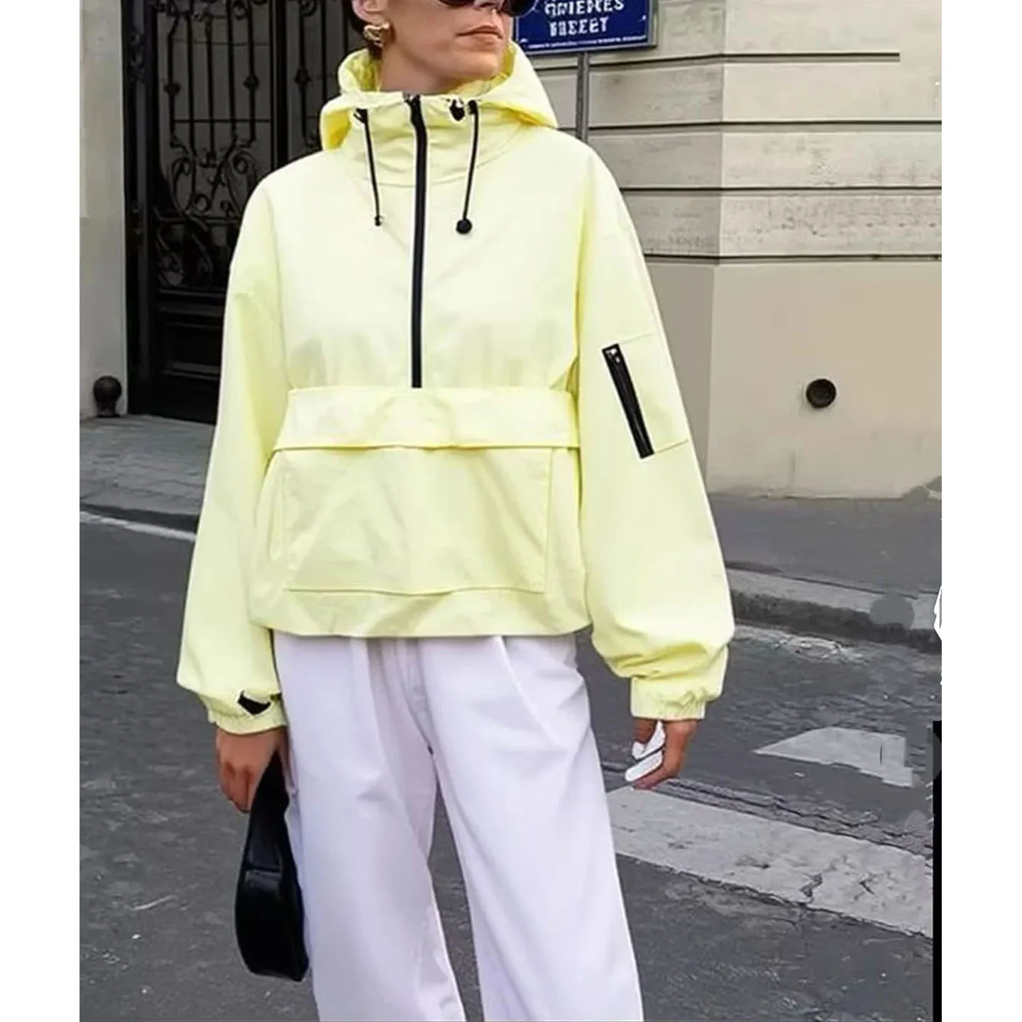 

Осень 2023, женская повседневная ветровка свободного кроя с воротником-стойкой, длинная ветровка с капюшоном, верхняя одежда, полиэфирное волокно 00%