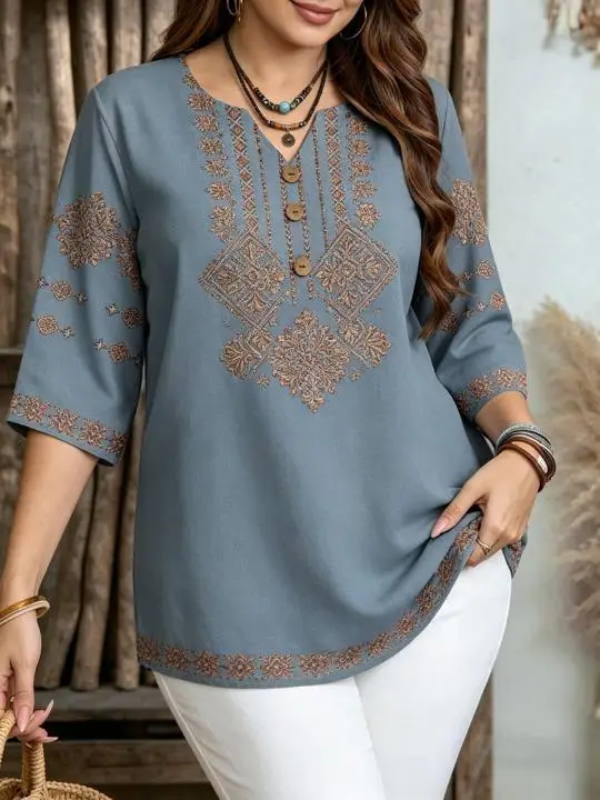 Women 3/4 Sleeve V‑Neck Blouse Vintage Ethnic Geometric Floral Border Print Loose Casual Daily Ladies Tops
