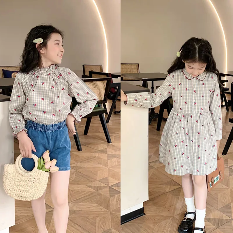 In Stock 2026 BP NEW Summer Spring Baby Girls Sets Cherry Embroidered Shirt Girl Dress Kids Clothes Boys Top Baby Girl Clothes