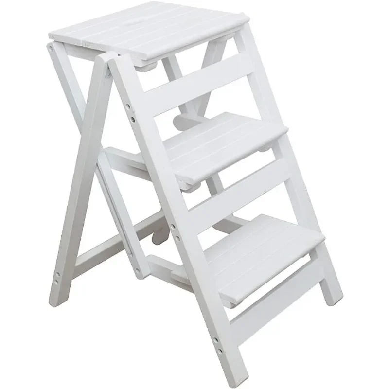 Step Stool for Adults/Step Ladder/Counter Chair, 3-Step Folding Portable Wooden Step Stool, (White)