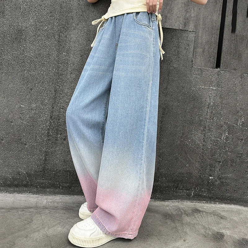2026 New Big Teens Girl Pop Wide-Leg Jeans Kids Girls Gradient Color Pants Children Outwear Long Trousers Girl Clothing 4-14Year