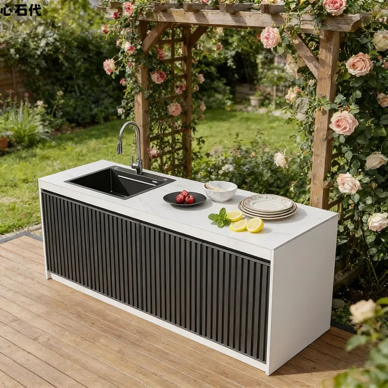 Outdoor Slate Vegetable Basin Operating Station Courtyard Wash Sink with Locker Water Bar and Barbecue Table for Garden Patio