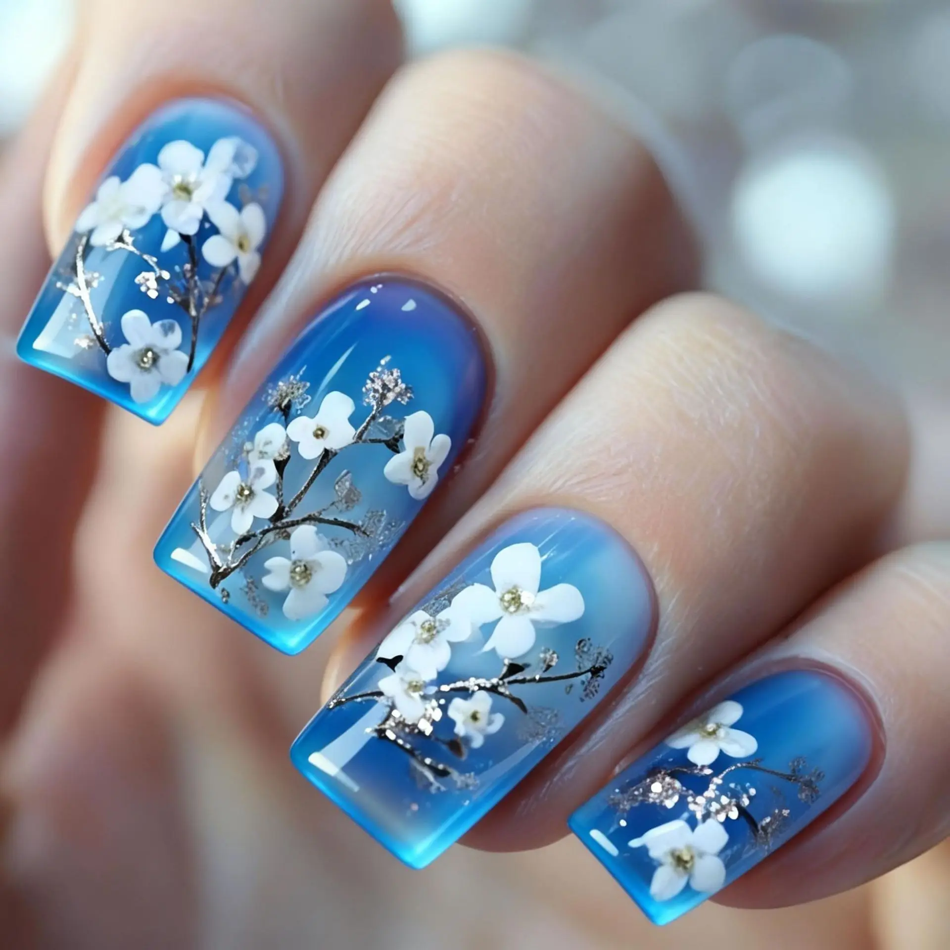 

Искусственные ногти средней длины для женщин: весенне-летние, с цветами, синие, глянцевые, накладные, французские, с 3D-цветочными наконечниками