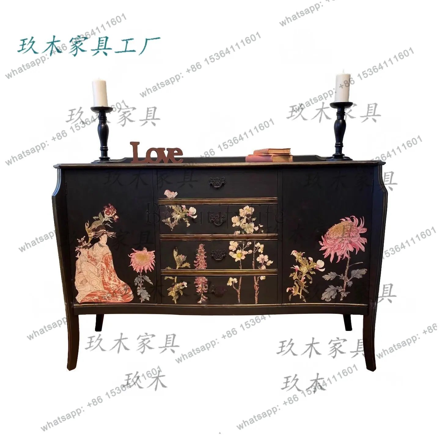 French retro solid wood hand-painted entrance cabinet Chinese style living room wall storage cabinet