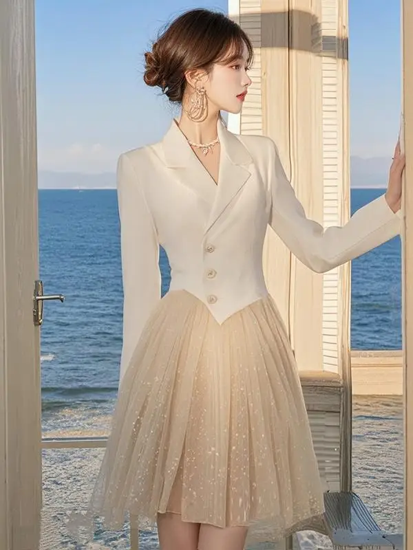 

Light luxury temperament mesh splicing dress