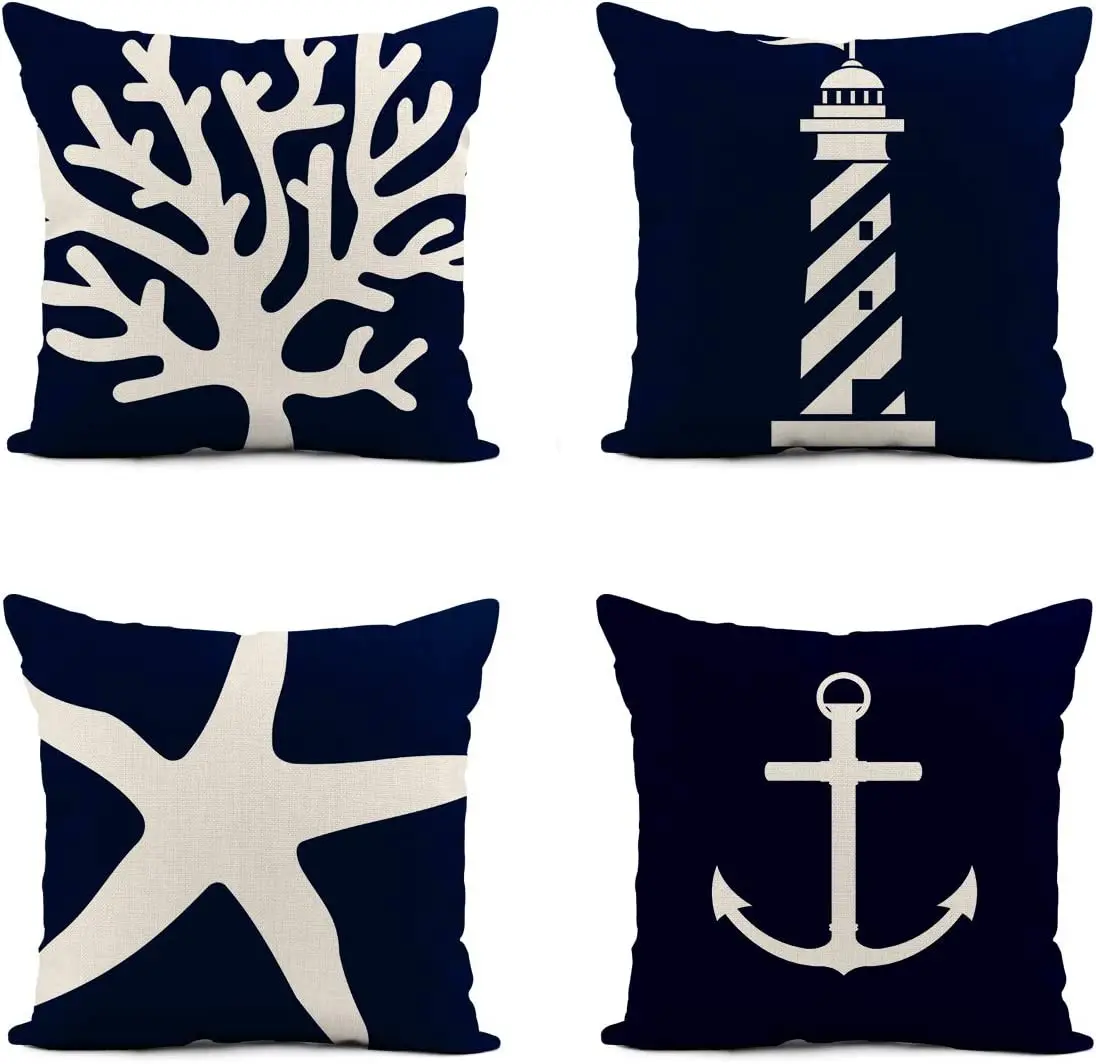 4 Pack Blue Ocean Nautical Park Pillow Covers Vintage Wood Sea Starfish Seahorse Coral Boat Anchor Coastal Throw Pillow