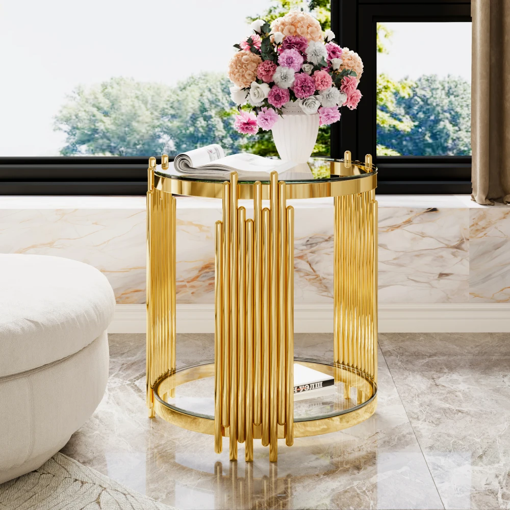 

Modern Transparent Glass End Table for Living Room, Round, Asymmetrical Metal, Gold Finish & Lower Shelf, 19.8"