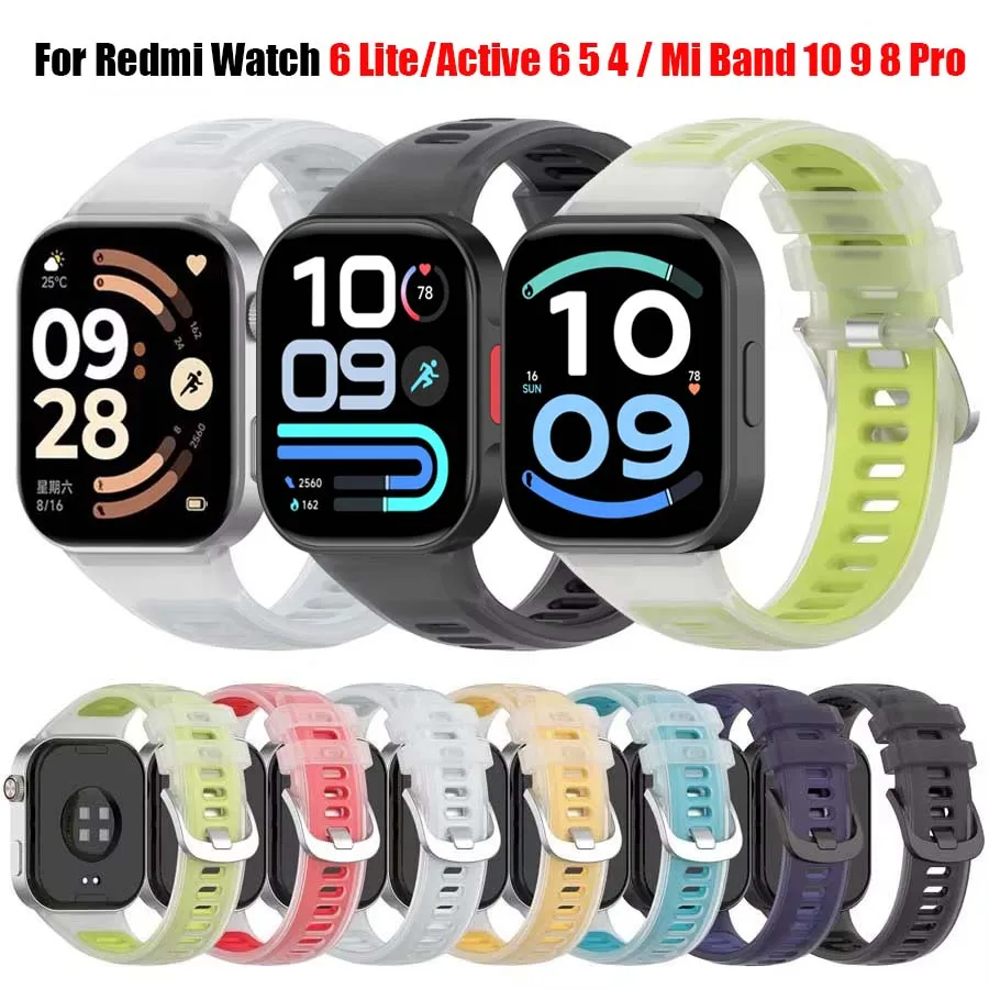 For Redmi Watch 6 Lite/Active/5/4 Strap Translucent Silicone Replacement Bracelet For Xiaomi Mi Band 10/9/8Pro Wristband Correa