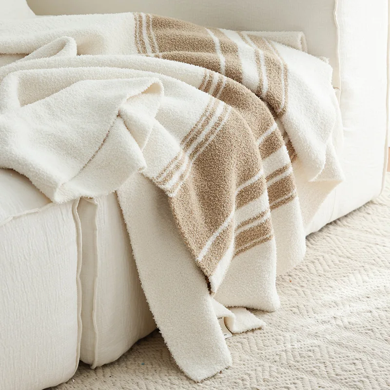 French Cream Style Autumn Winter Velvet Blanket Half Velvet Knitted Sofa Nap Blanket Beige New Model