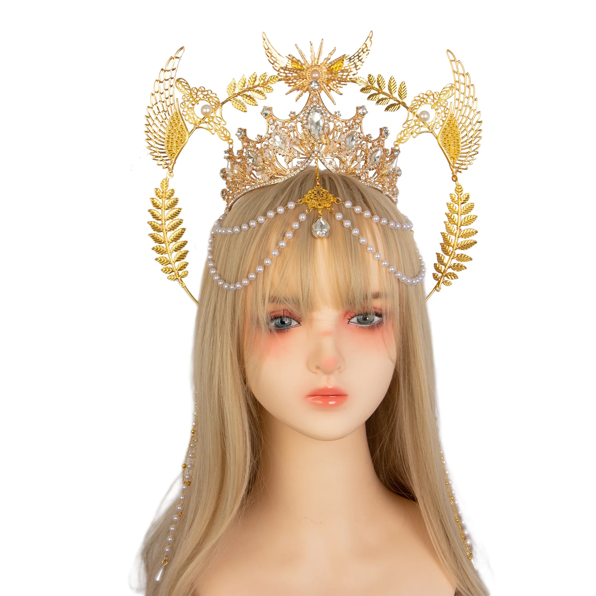 Lolita Angel Wings Gold Sun Leaves Spiked Sunburst Halo Crown Headpiece Goth Crystal Pearl Pendant Holy Crown Bride Wedding Gift