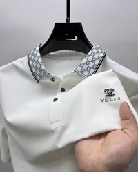 High end silk breathable short sleeve POLO shirt men's plaid lapel top summer fashion brand letter embroidered casual T-shirt