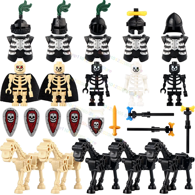 

Medieval Knight Skeleton Building Blocks Figures Spear Armor Shield Sword Accessories Terrifying Halloween Bricks Toy AX9815-16