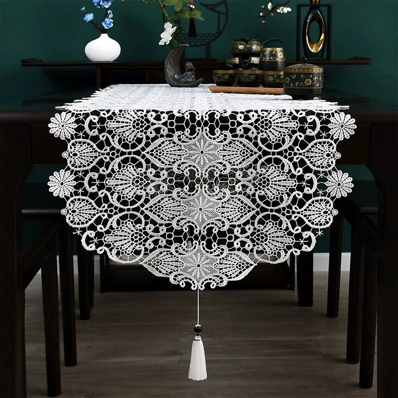 Custom Embroidered Lace Table Runner, TV Bench Stand End Table Cover Decoration, 55cm Width, 55cm to 280cm Length,White
