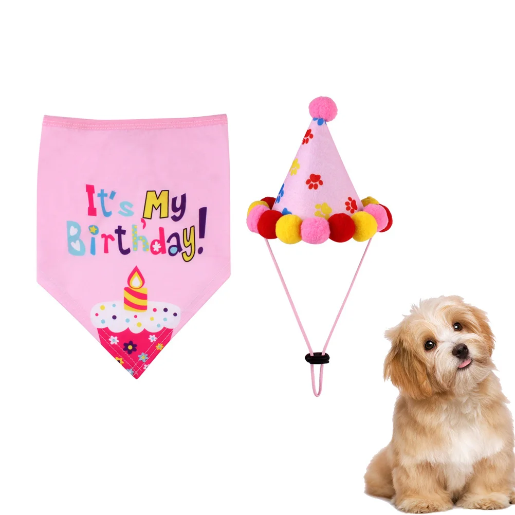 1Set Pet Birthday Hat Collar One Size Pink Adjustable Dog Bib Saliva Towel Party Costume Pet Birthday Party Hat