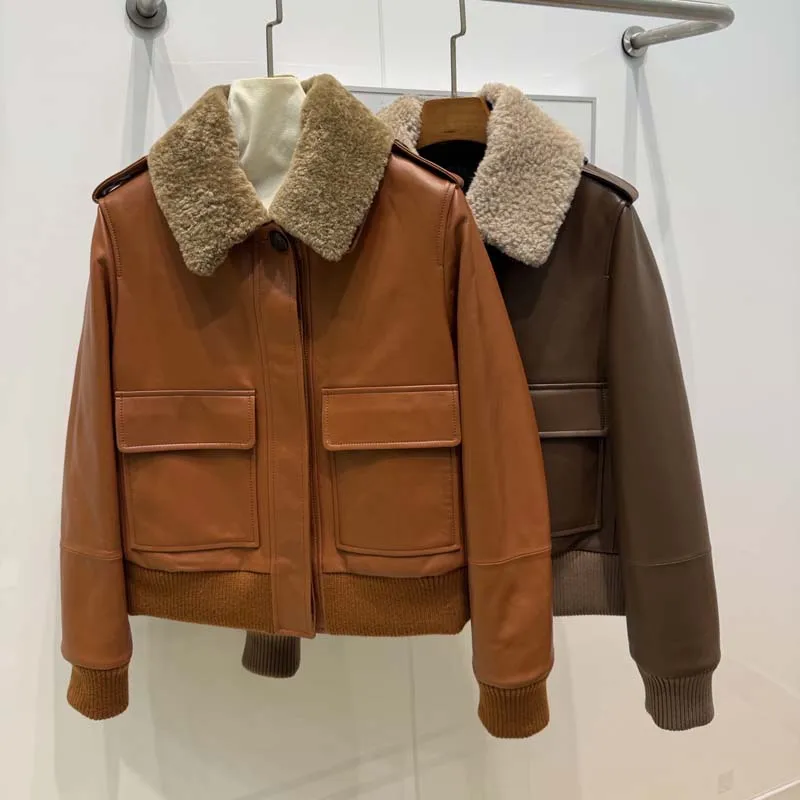 new fashion genuine leather jacket with real wool collar short length big pockets Inner lining with cotton thick warm